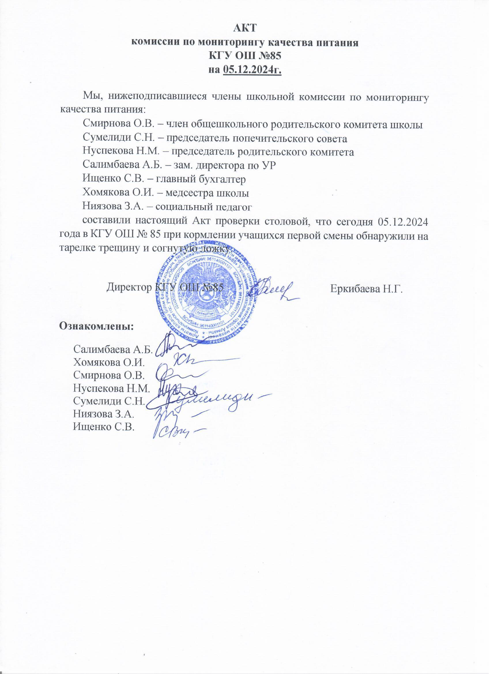 Тамақтану сапасының мониторингі жөніндегі комиссияның актісі