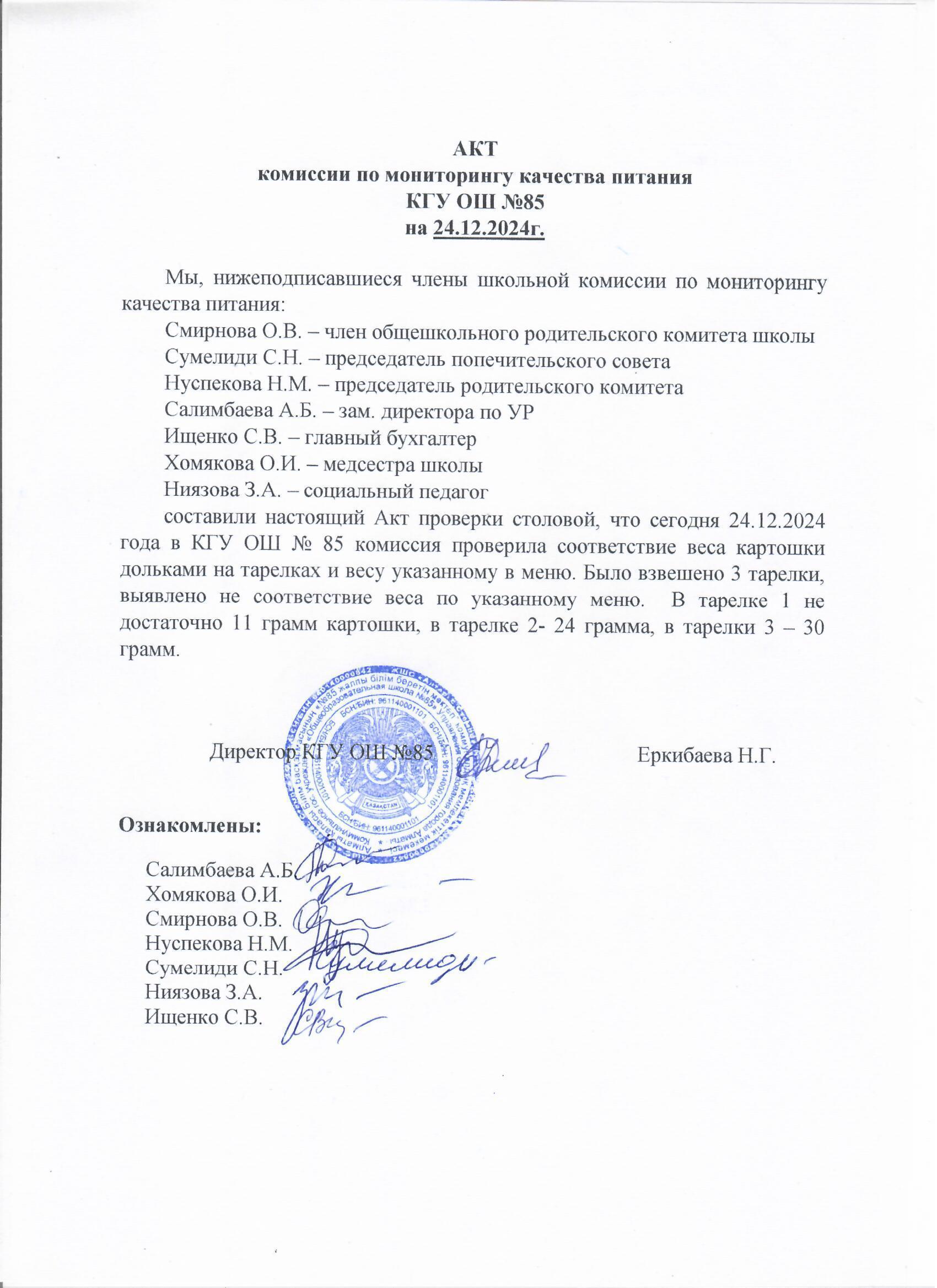 Тамақтану сапасының мониторингі жөніндегі комиссияның актісі