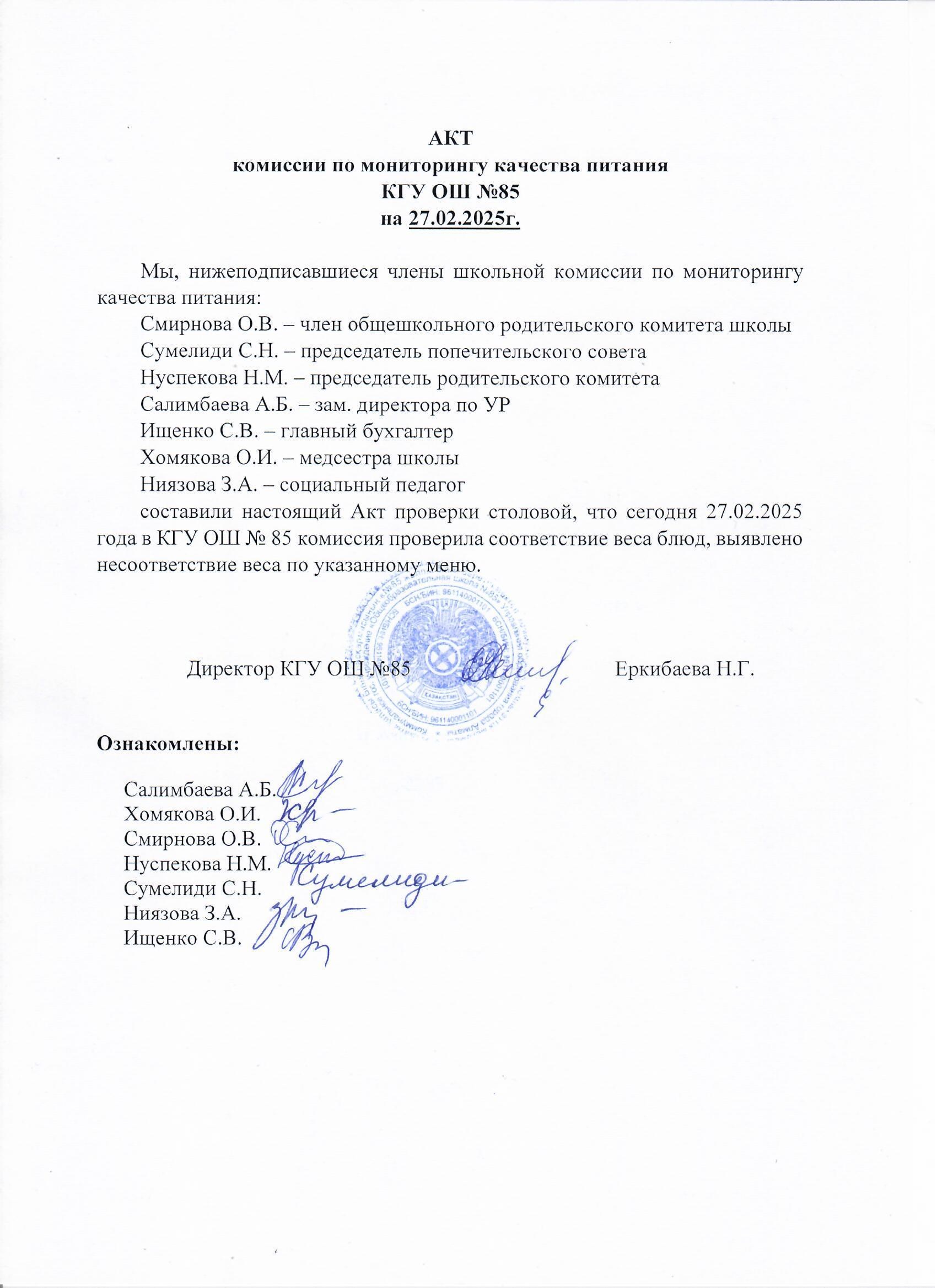 Тамақтану сапасының мониторингі жөніндегі комиссияның актісі