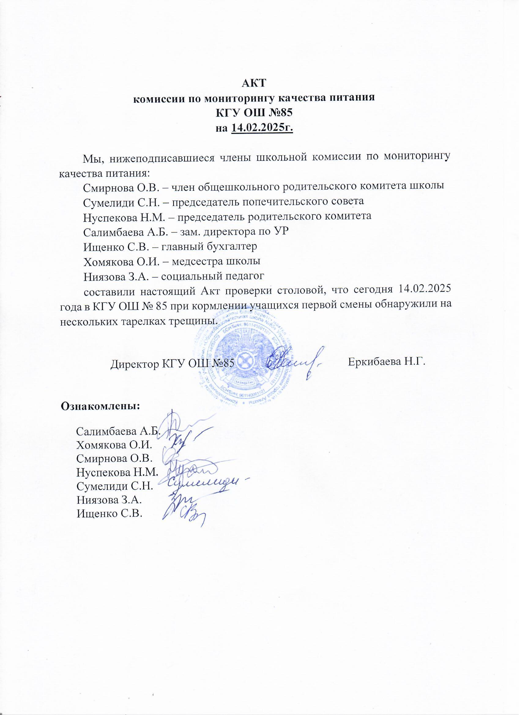 Тамақтану сапасының мониторингі жөніндегі комиссияның актісі