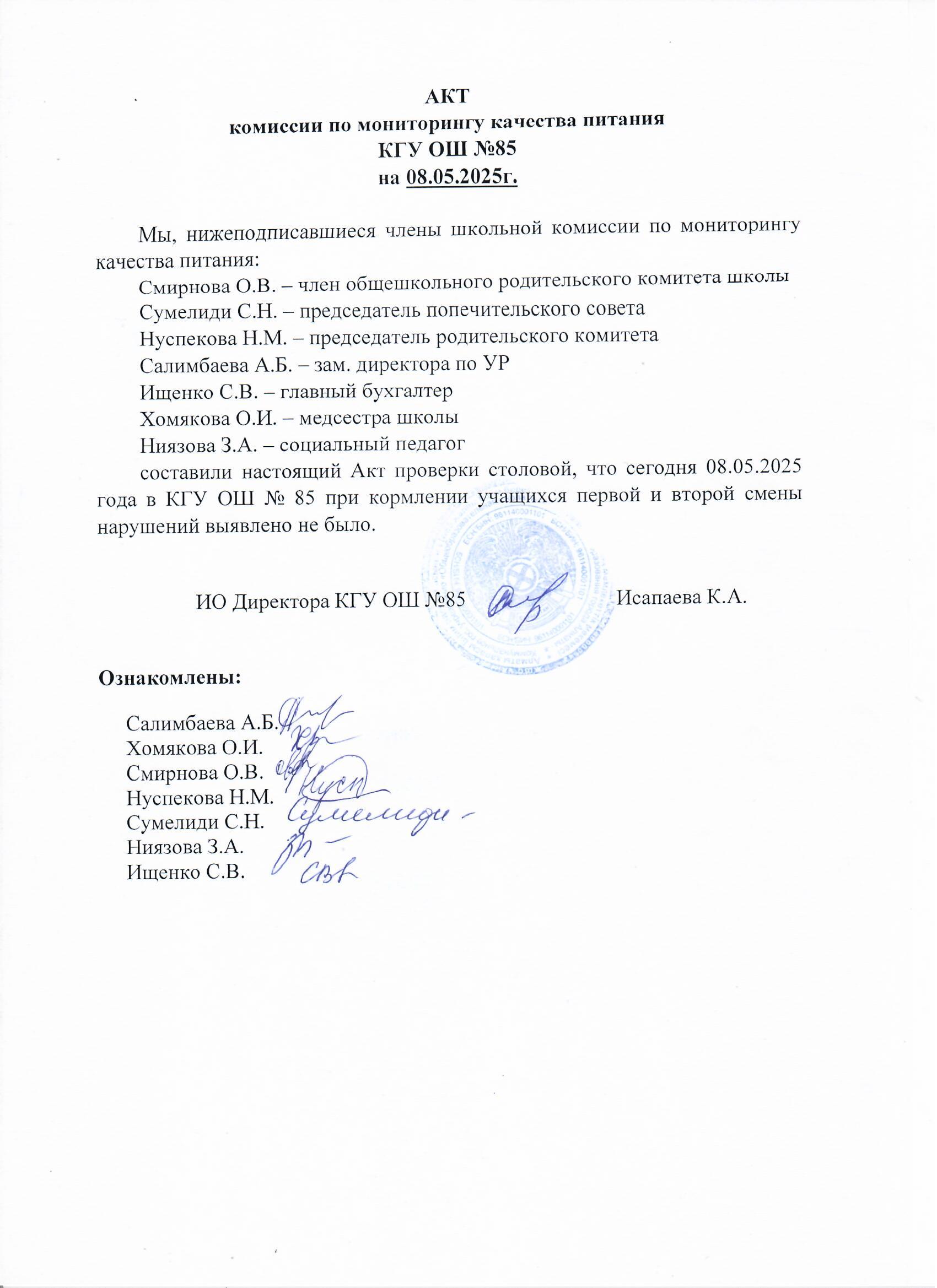 Тамақтану сапасының мониторингі жөніндегі комиссияның актісі