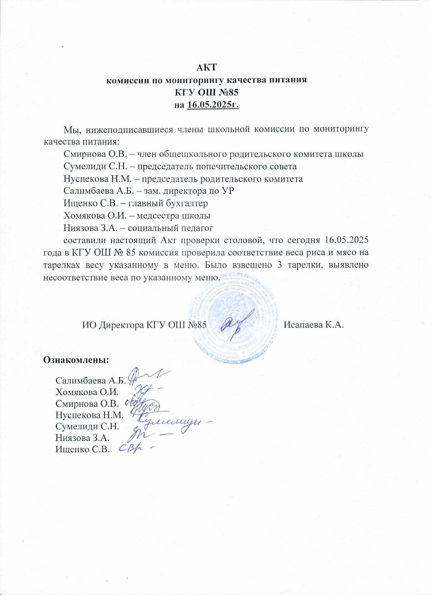 Тамақтану сапасының мониторингі жөніндегі комиссияның актісі