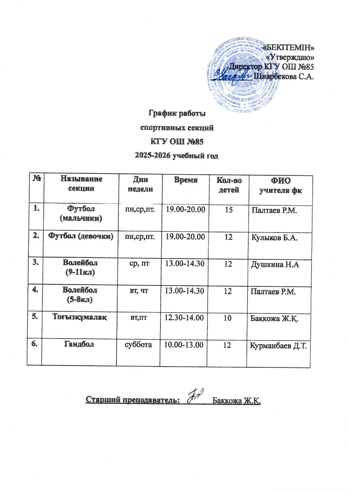 2025-2026 оқу жылына арналған спорт секцияларының жұмыс кестесі