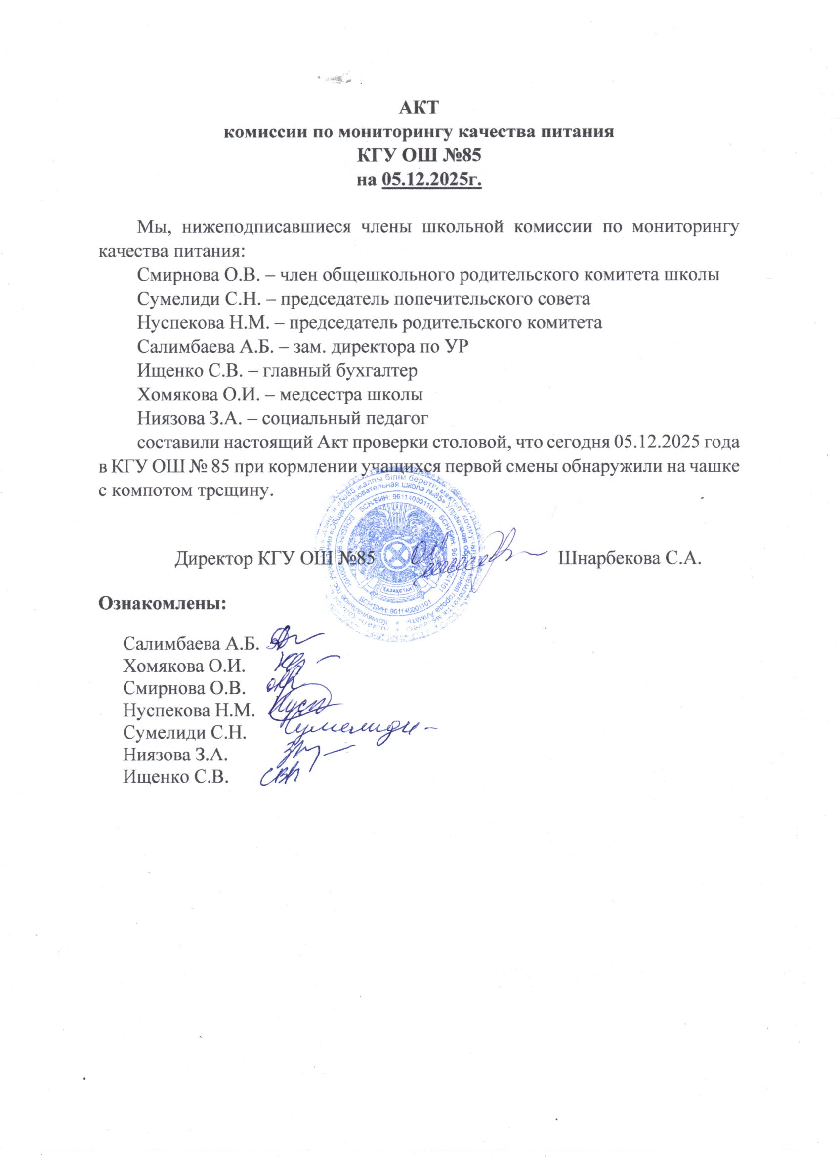 Тамақтану сапасының мониторингі жөніндегі комиссияның актісі