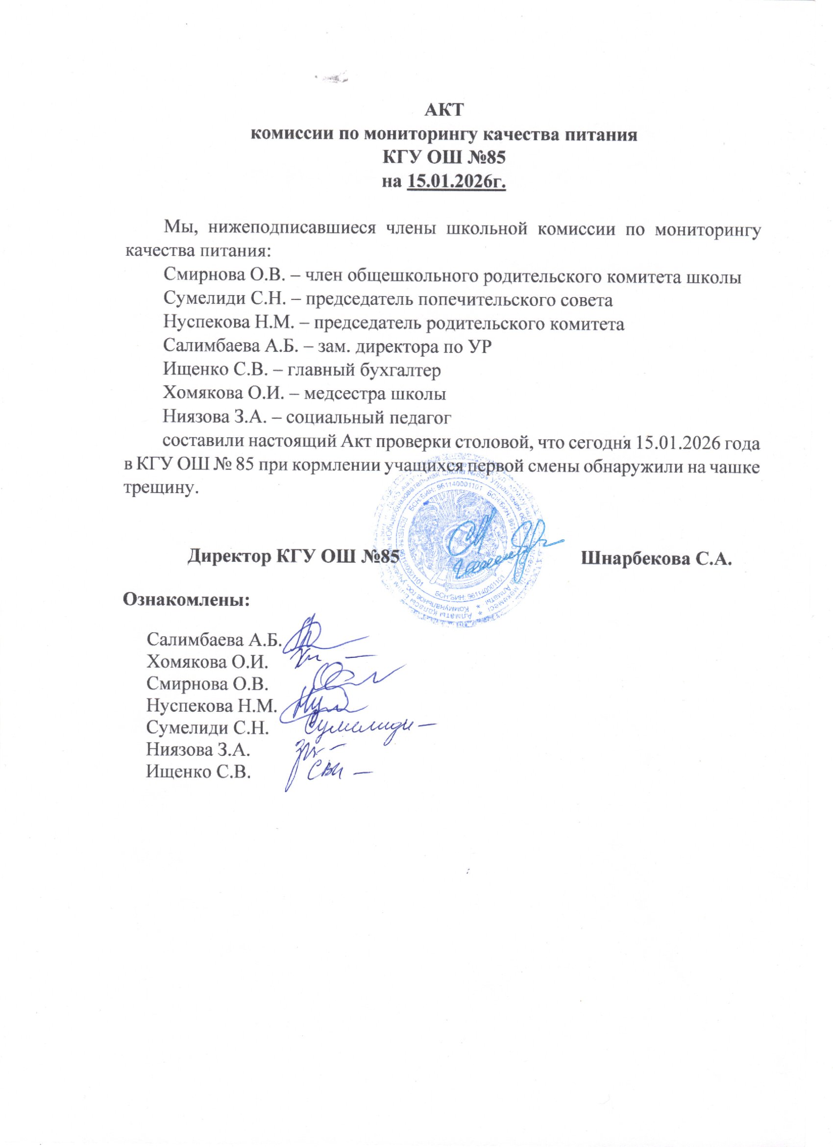 Тамақтану сапасының мониторингі жөніндегі комиссияның актісі