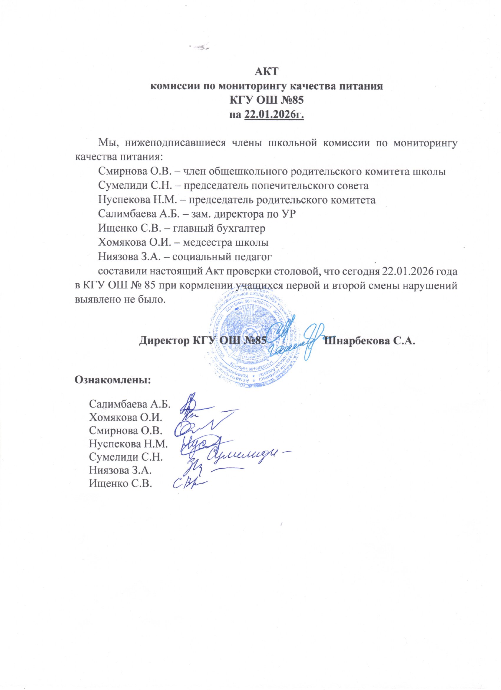 Тамақтану сапасының мониторингі жөніндегі комиссияның актісі