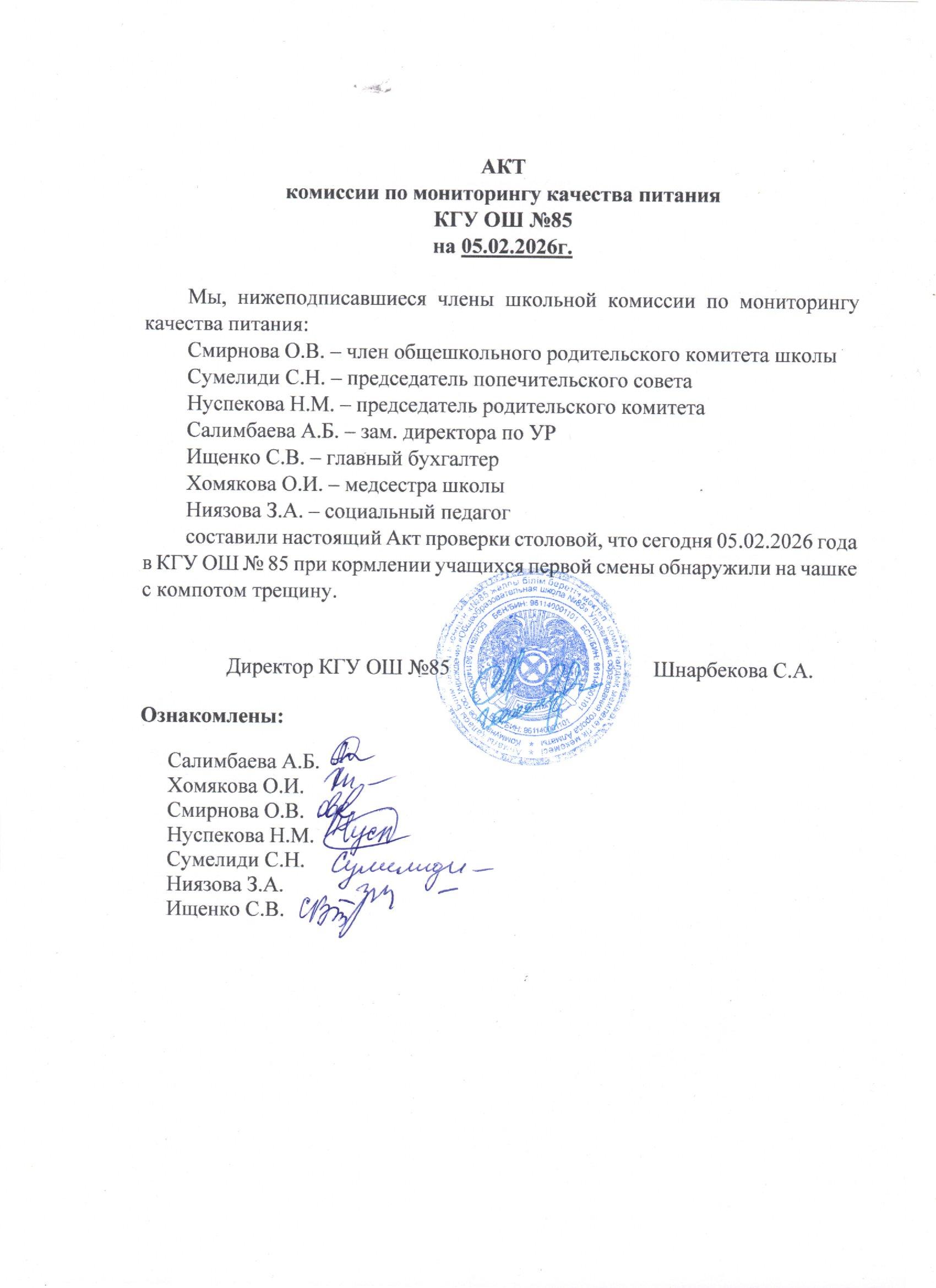 Тамақтану сапасының мониторингі жөніндегі комиссияның актісі