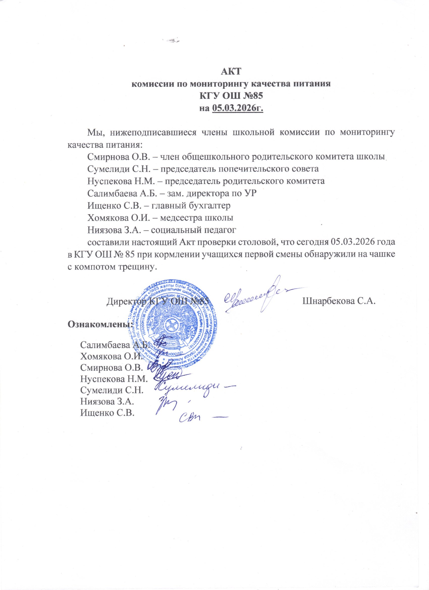 Тамақтану сапасының мониторингі жөніндегі комиссияның актісі