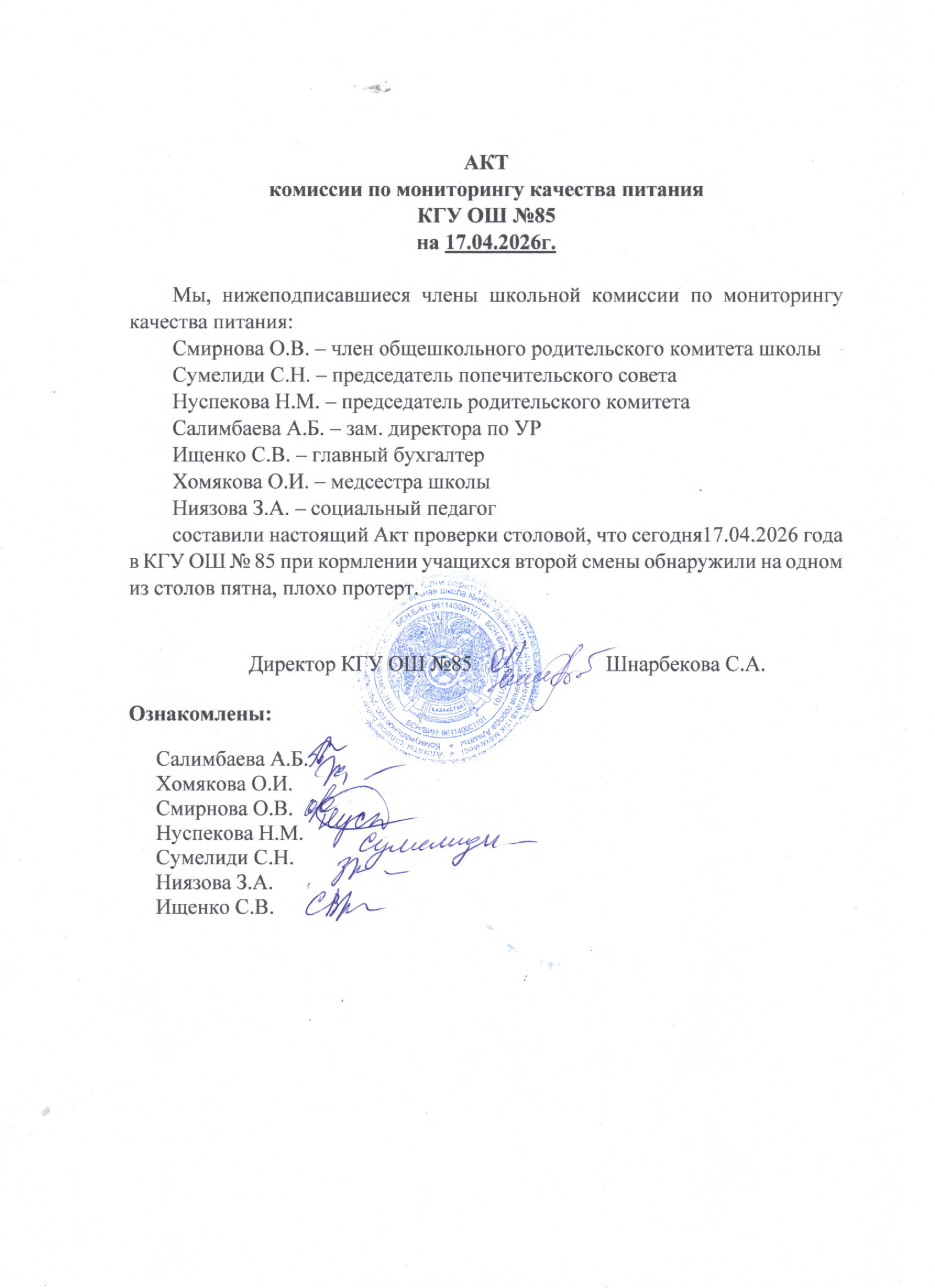 Тамақтану сапасының мониторингі жөніндегі комиссияның актісі